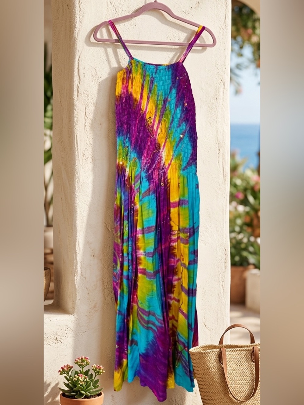 Tie-Dye Smocked Maxi Dress in Purple, Teal & Yellow